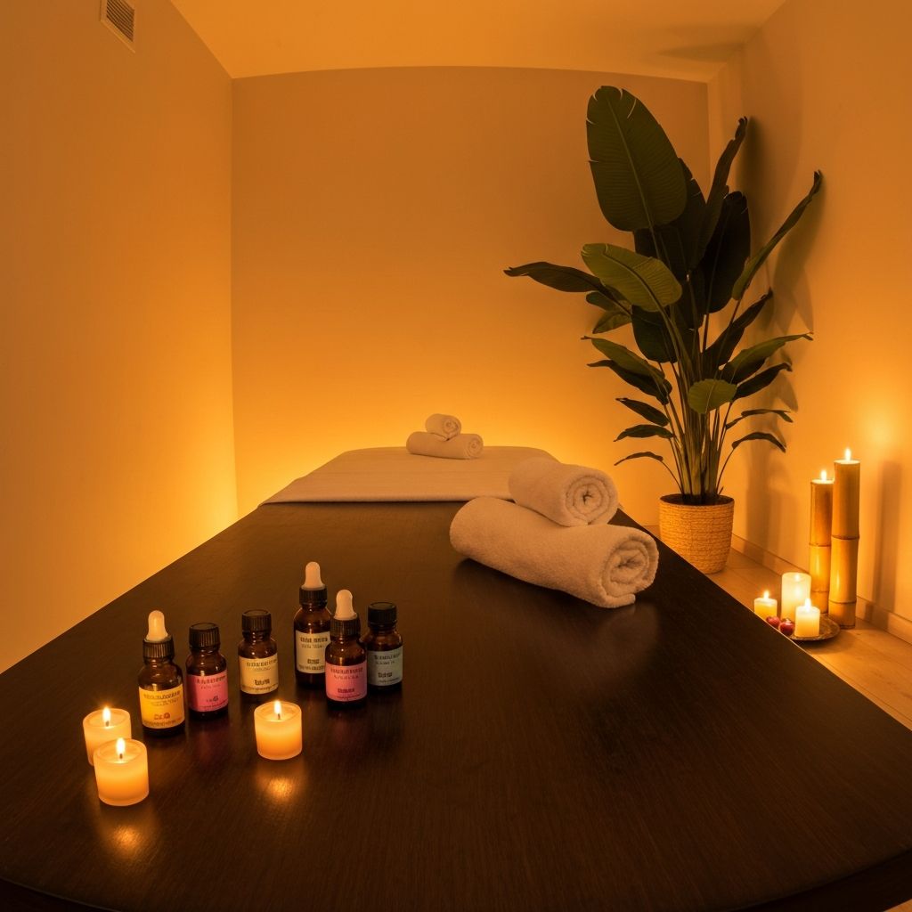 Serene massage therapy spa room with warm lighting, towels, and essential oils